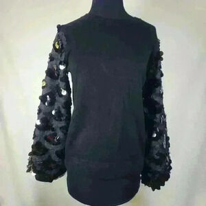 NWT Siani Milano Small Black Sweater Accent Sleeves With‎ Ribbon & Sequins